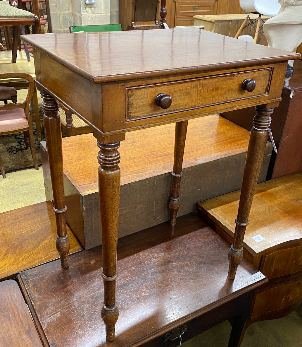An early Victorian mahogany side table fitted drawer on turned legs width 56cm, depth 42cm, height 75cm.